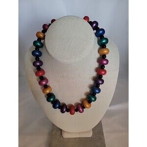 Vintage Chunky Multicolor Large Wood Bead Necklace w/Black Wood Bead Spacer 16"